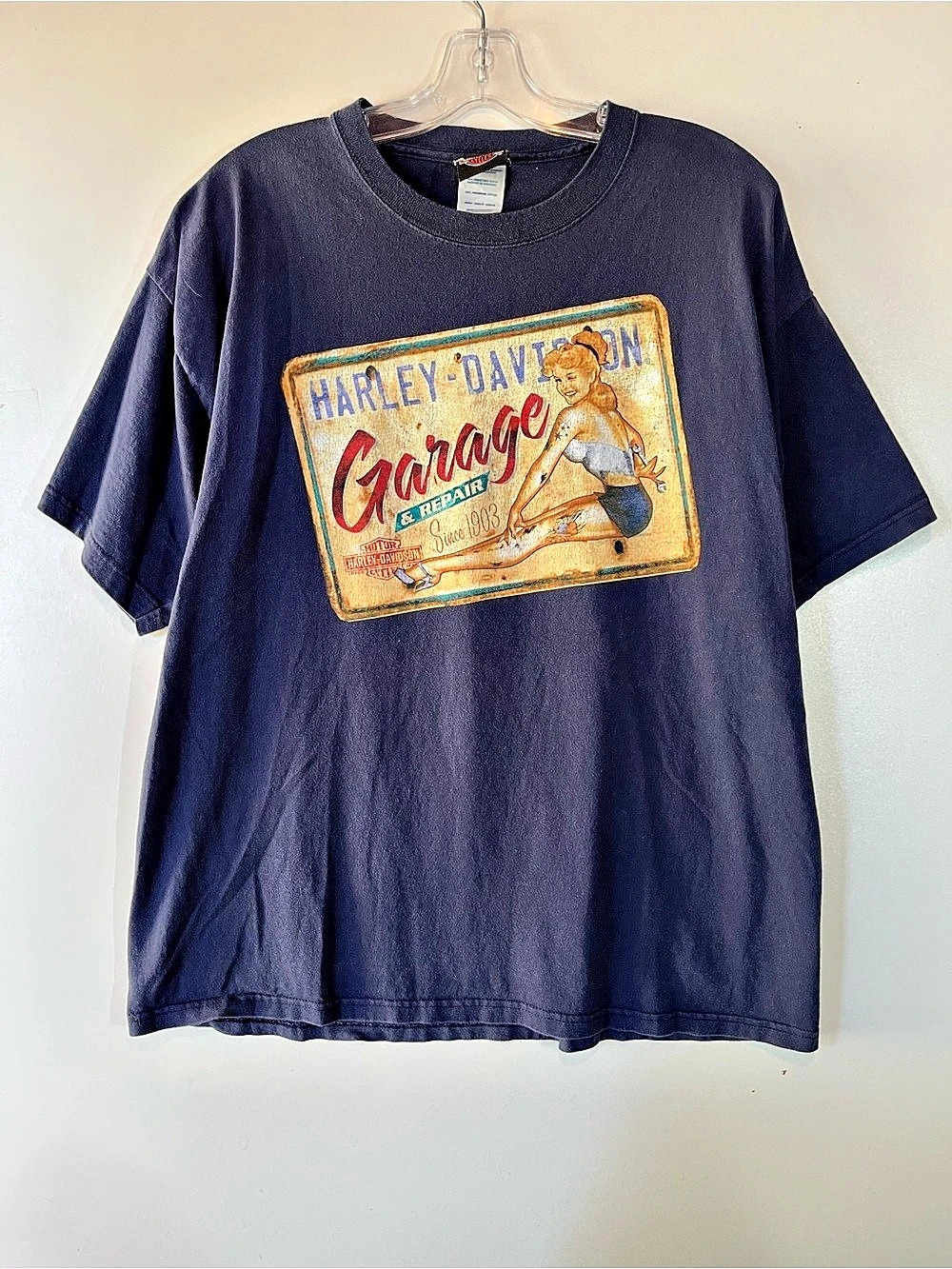 Y2K Harley-Davidson Garage T-shirt Graphic T-Shirt Blue XL